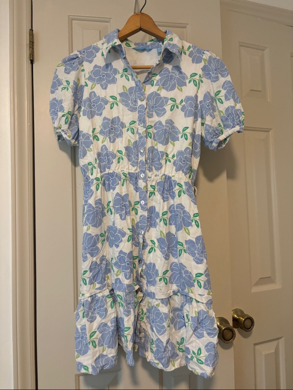 Draper James White Dress with Blue Floral Print and Green Leaves